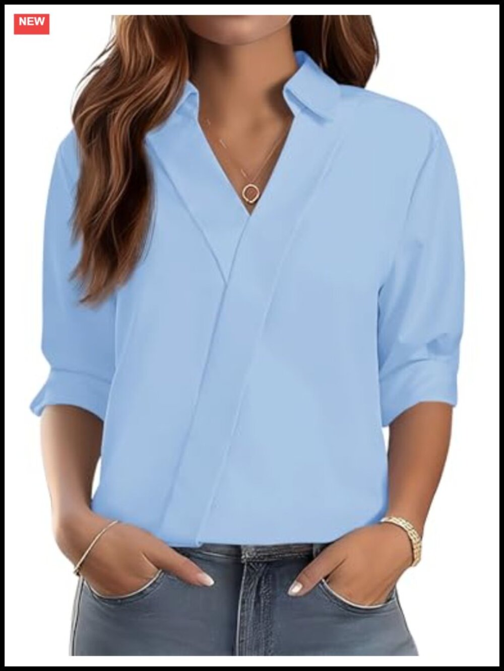 Womens V Neck Collared Blouse 3/4 Sleeve Dressy Business Casual Top